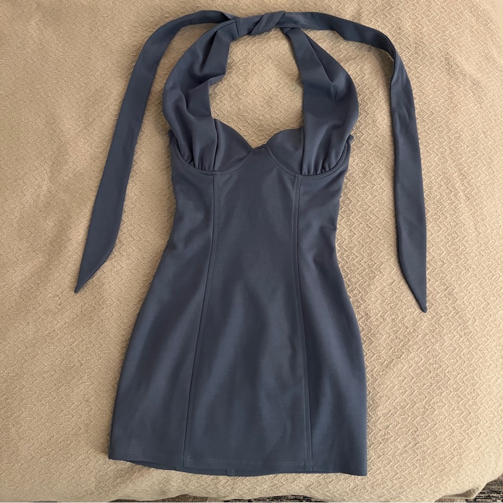 Lucy in the Sky Halter tie back Mini Dress in Slate Blue
